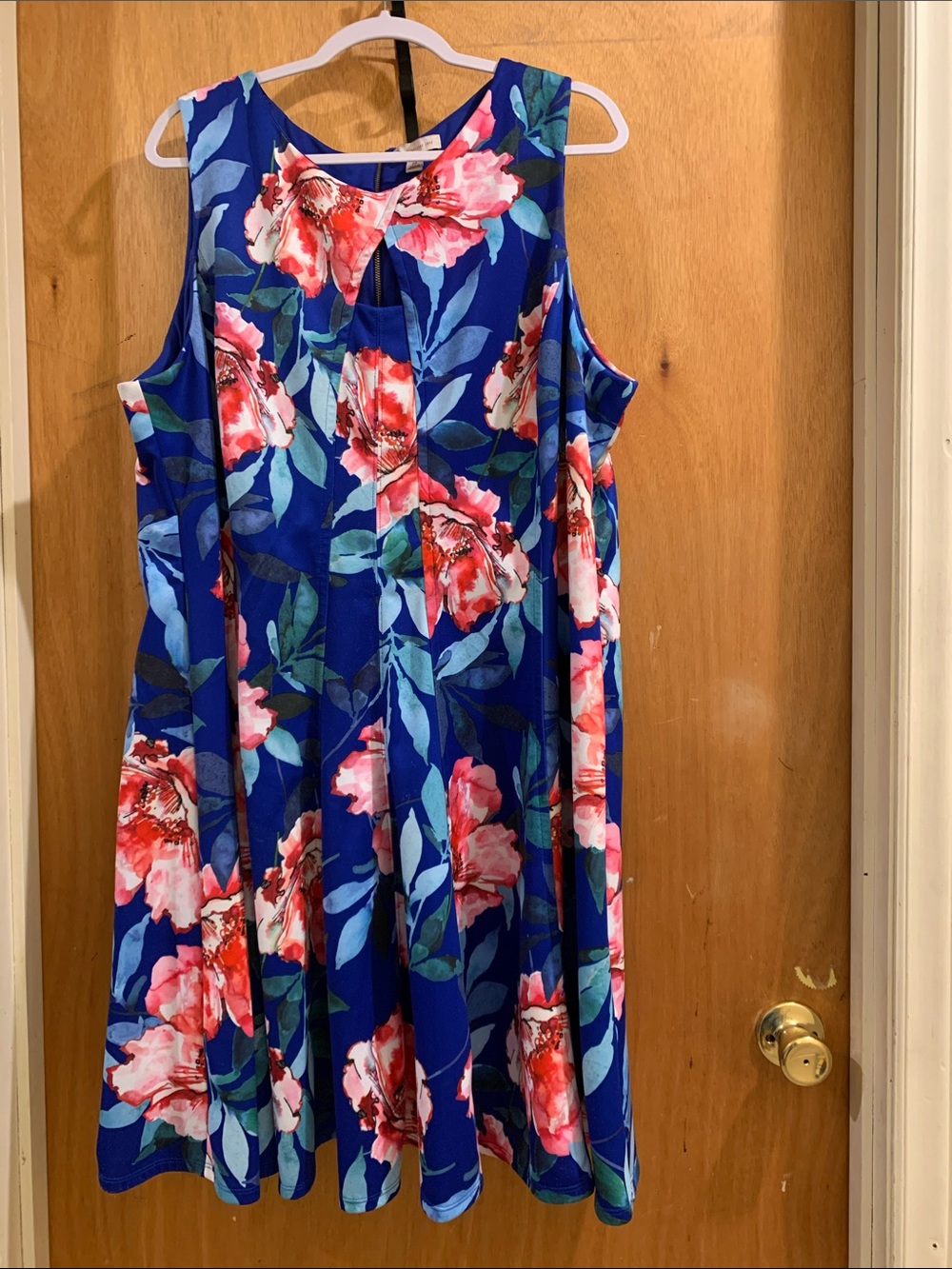 Calvin Klein Royal Blue Floral Midi Dress with Coral Blooms
